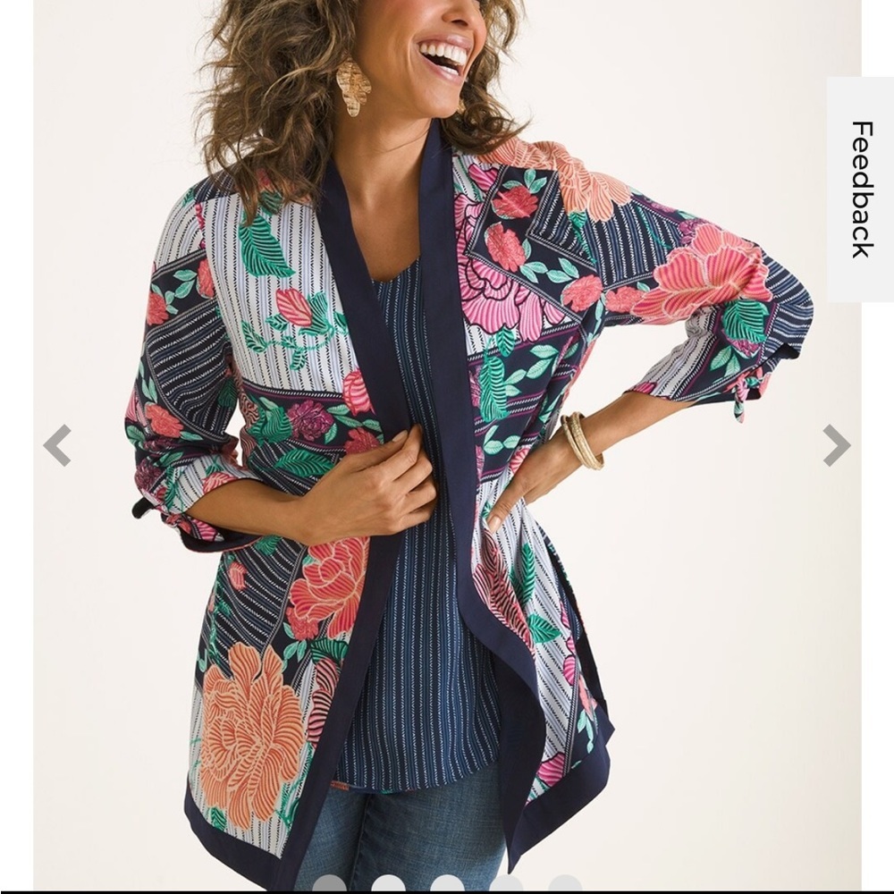 Chico’s Floral & Striped Tie‑Sleeve Kimono Jacket – Size 2 (12/14)